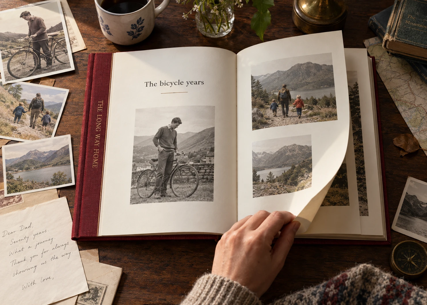 An illustrative family memory book beside old photographs and handwritten letters.
